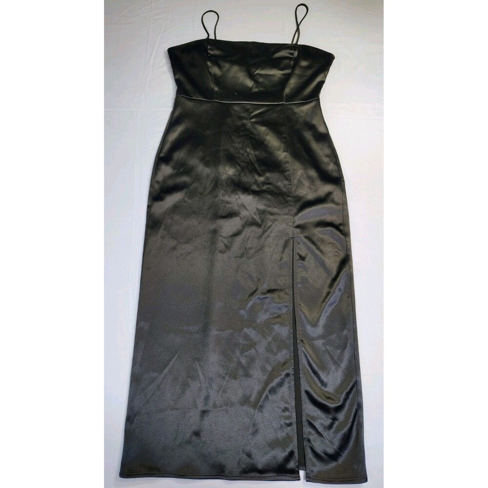 Zara Black Satin Slit Evening Formal Party Midi Dress Sz L Spaghetti Strap Chic
